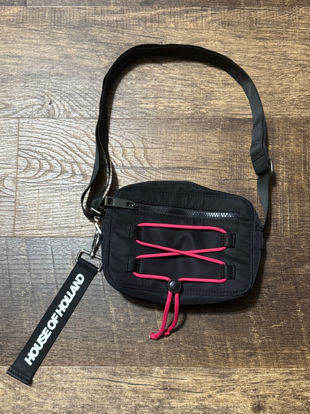 House of Holland Black Belt Bag with Pink Bungee Detail